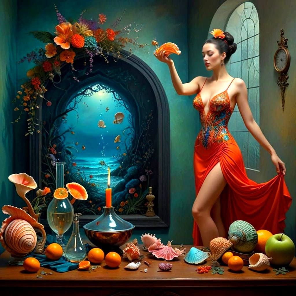 Surrealistic Portrait of a Happy Lady in Exotic Surroundings