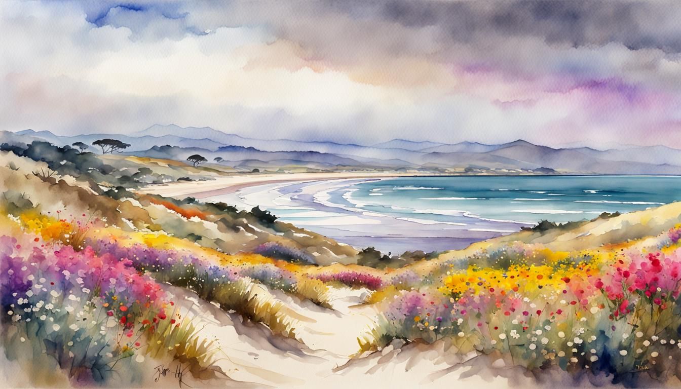 Monterey Bay by the dunes with bright popping wildflowers