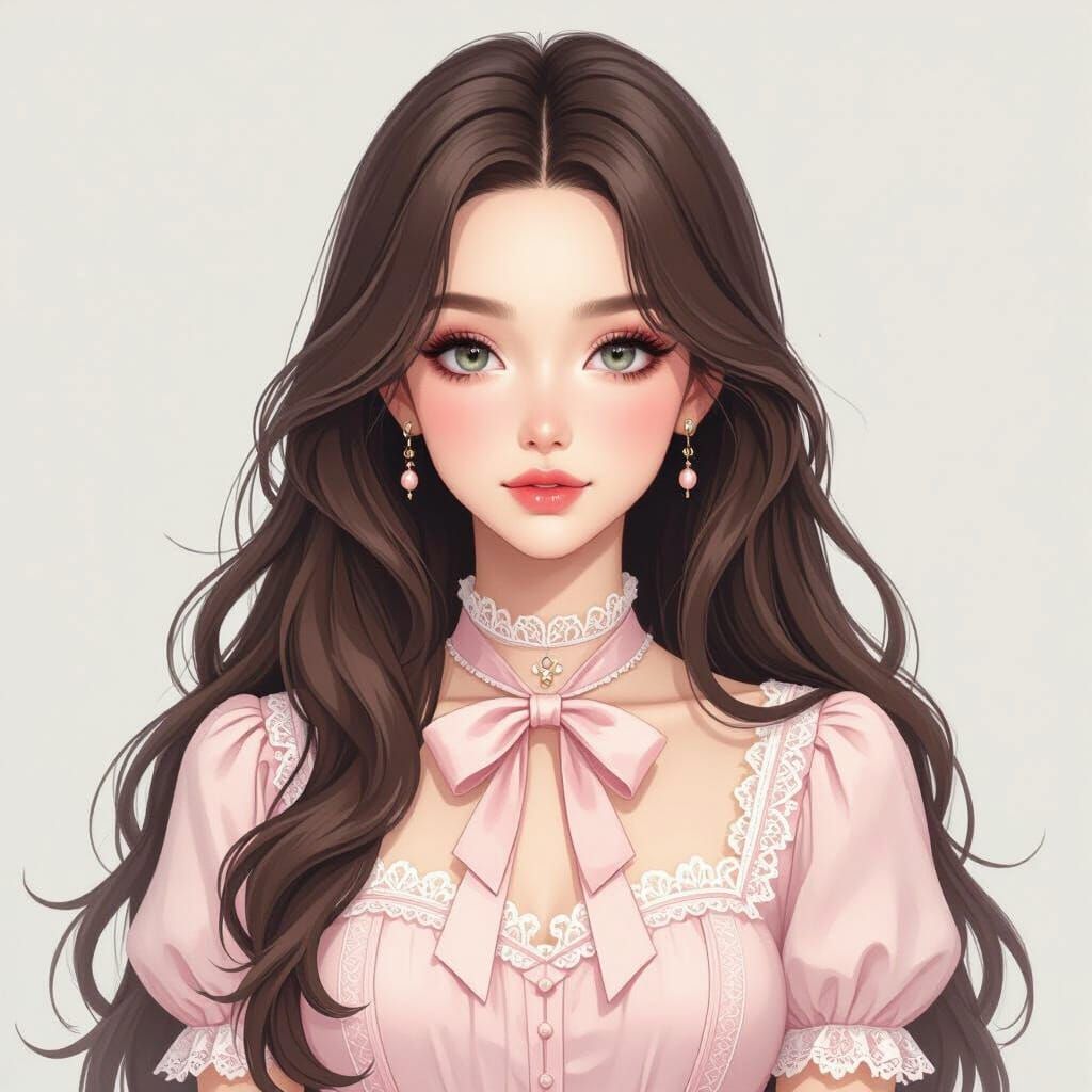 Brunette long-haired woman with pale skin, extremely skinny. Light pink simple outfit with lace and a bow. Many eyes on her face.