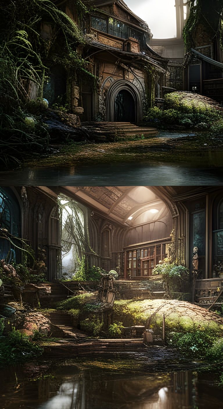 Old, overgrown library with puddles of water - AI Generated Artwork ...