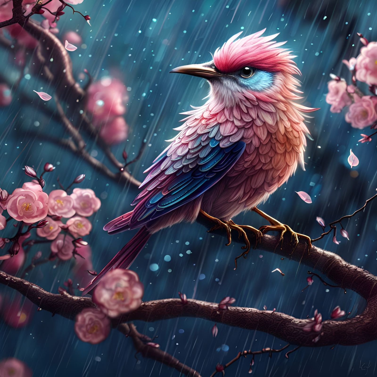 "A delicate and exquisite bird in rain.