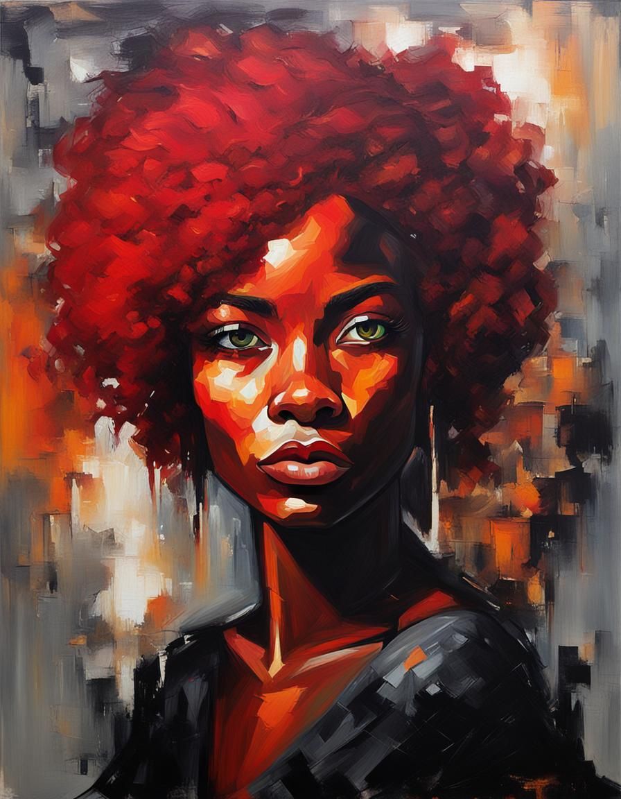 Black Woman with Red Hair, Abstract Oil Painting