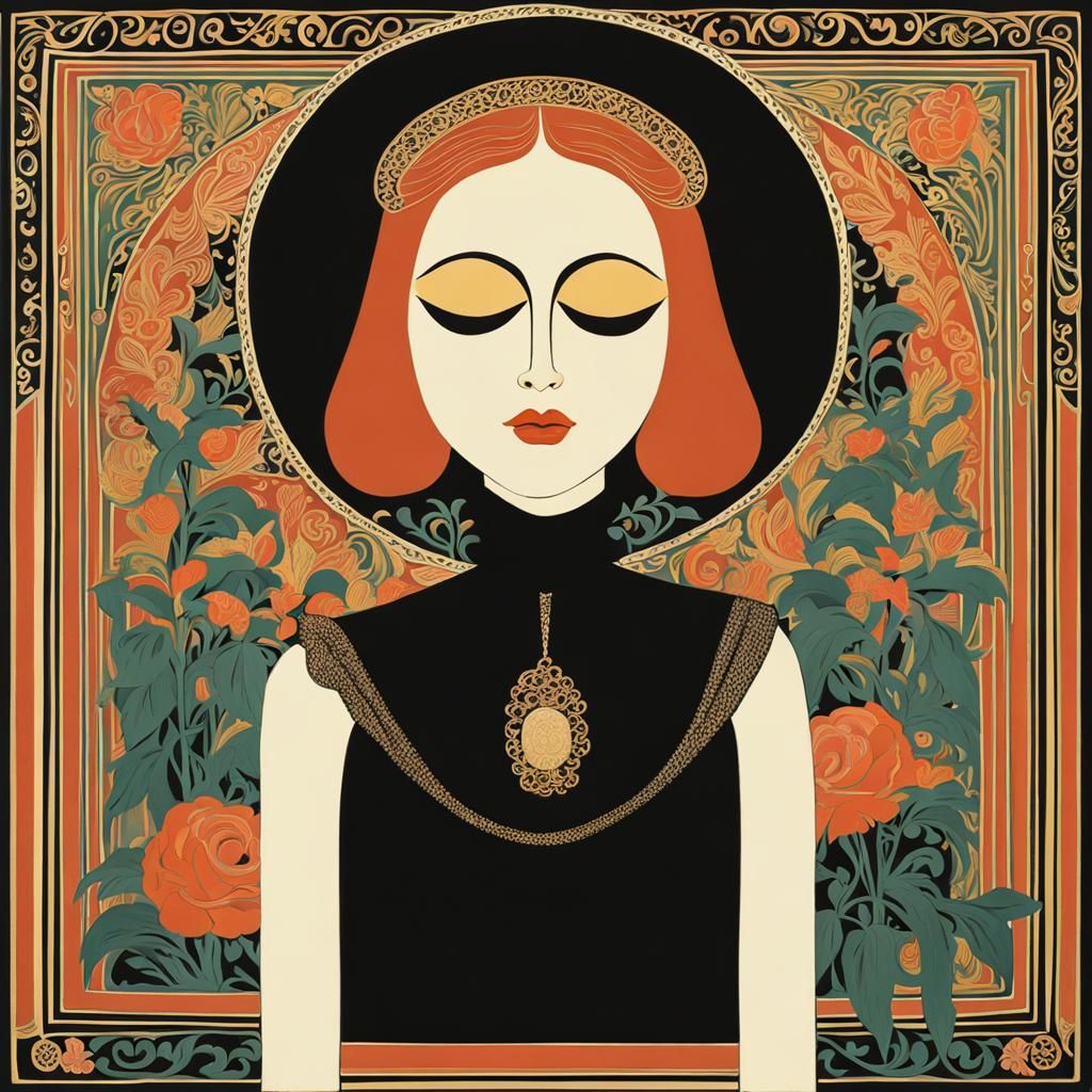 Girl with Death Mask (She Plays Alone) in the style of Maurice Denis