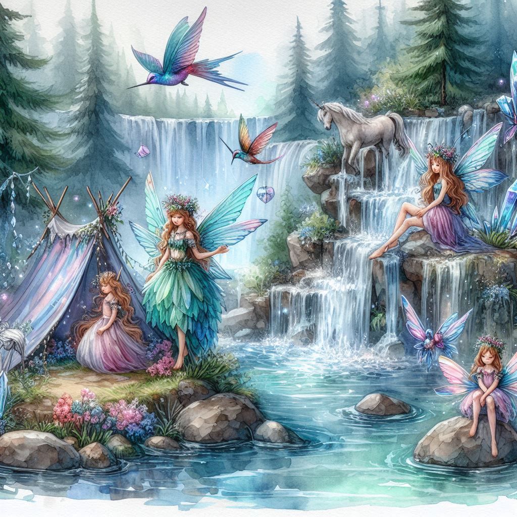 watercolor fantasy art of fairies camp day in a waterfall la...