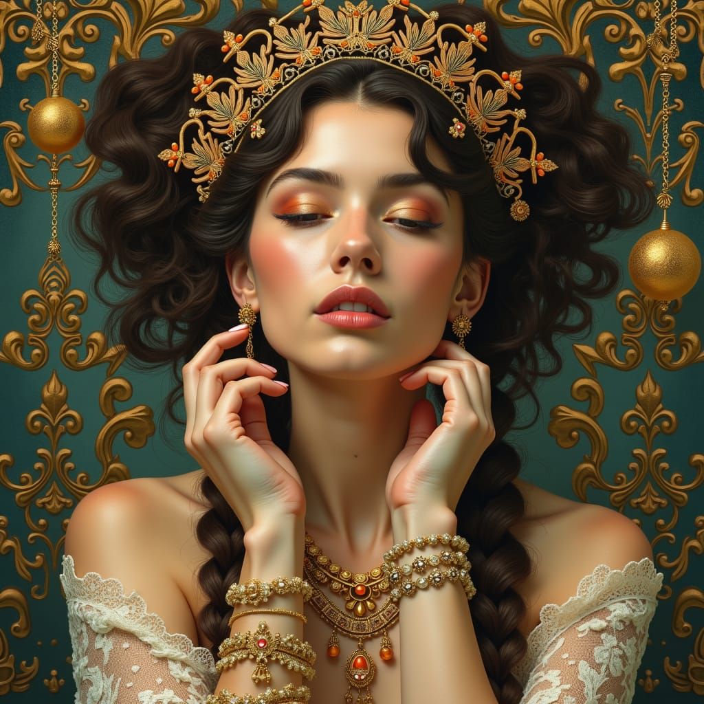 Beautiful woman with hair set up with gold jewelry