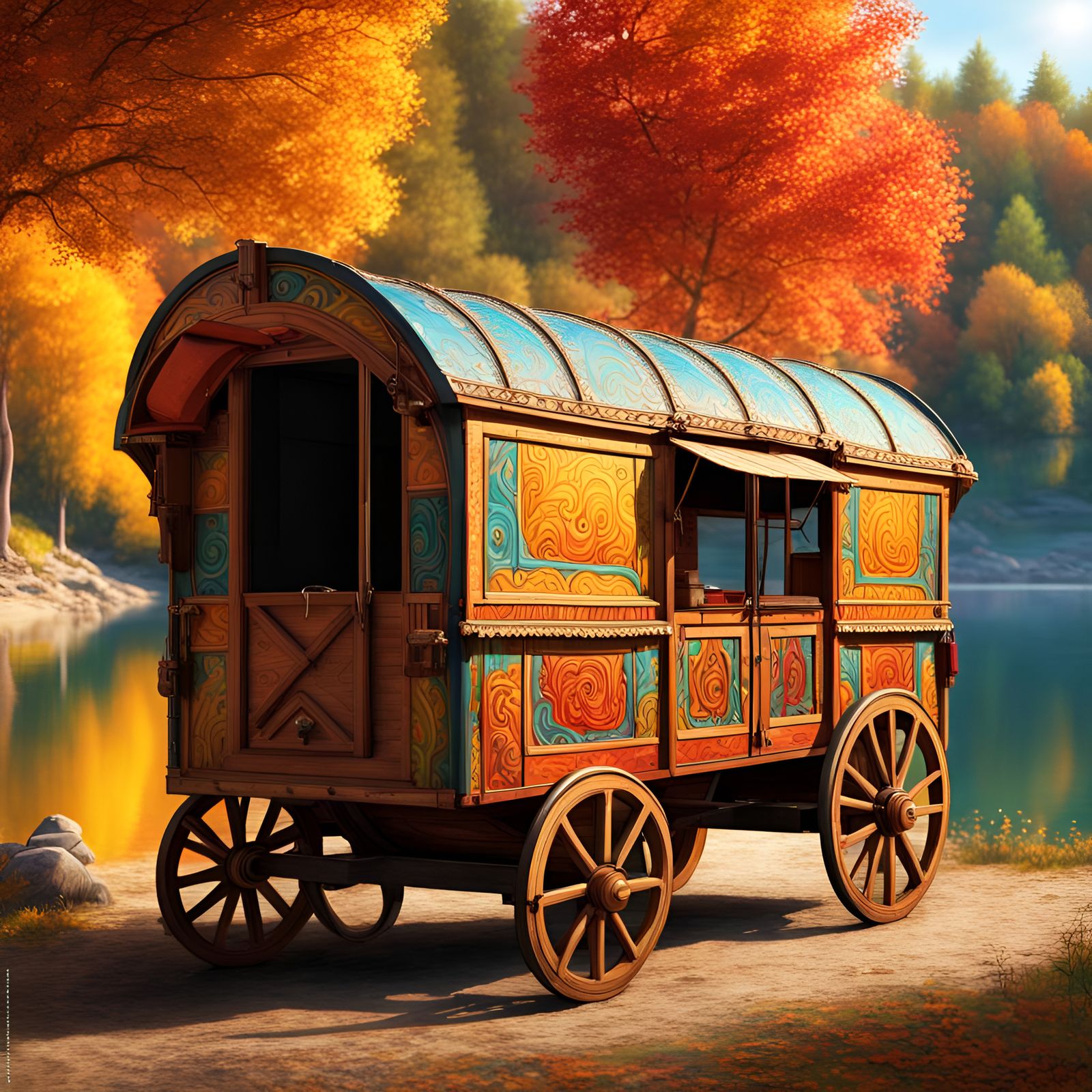 Beautiful wagon at a lake