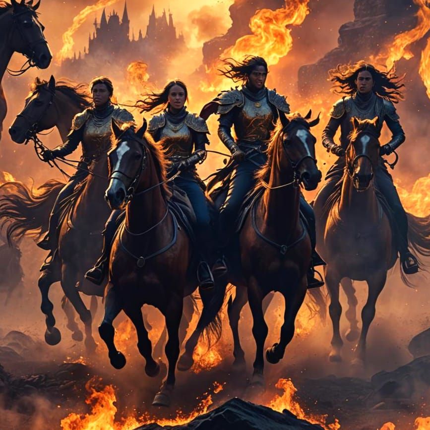three horseback riders in a firestorm