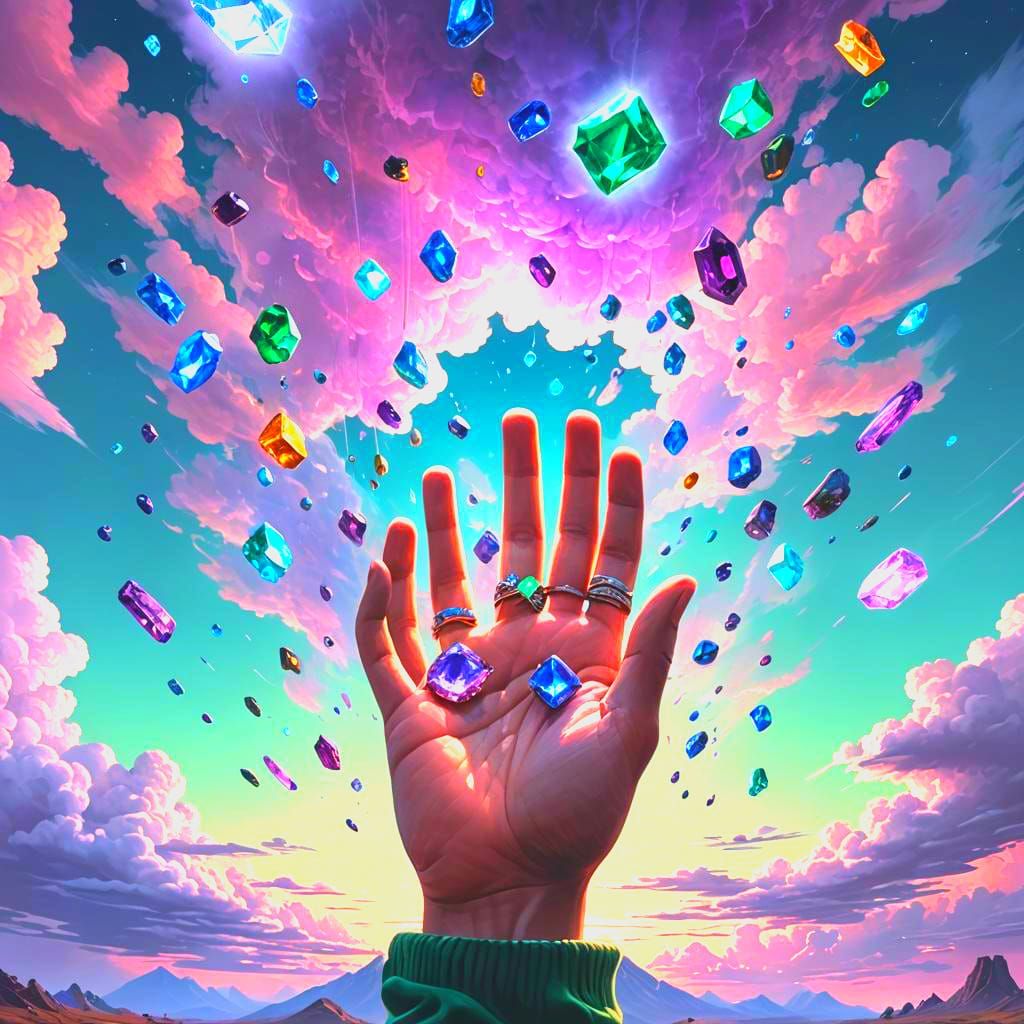 Diamonds illuminating from glowing hands.