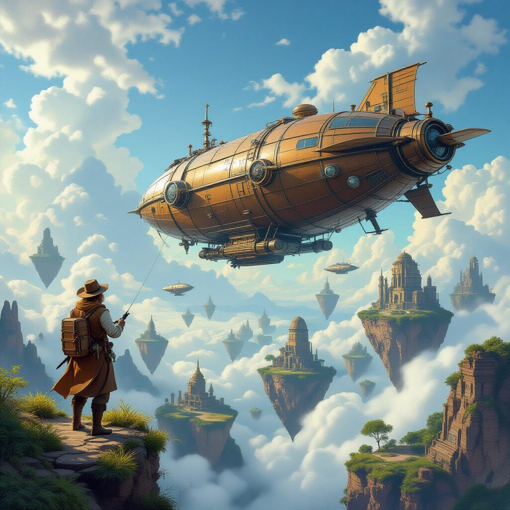 An explorer charting unknown territories from the deck of a majestic, steampunk-inspired airship. Below, a landscape of floating islands dot...