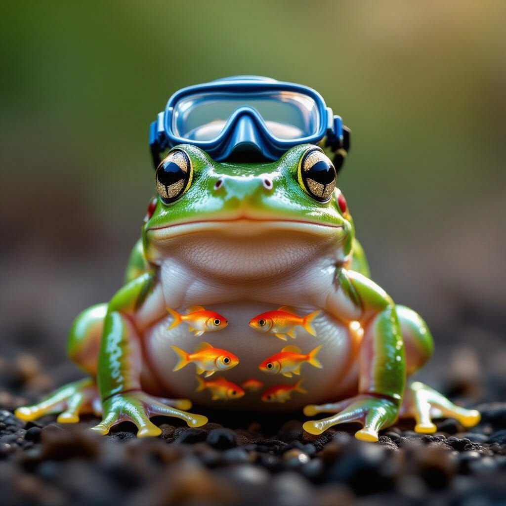 make a cute baby frog but make it see through and in its belly is a bunch of water and fish and on the top of the frogs head is a little scu...