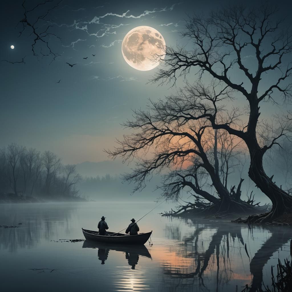 Man Fishing In A Boat On A Foggy Lake Under An Ominous Moon