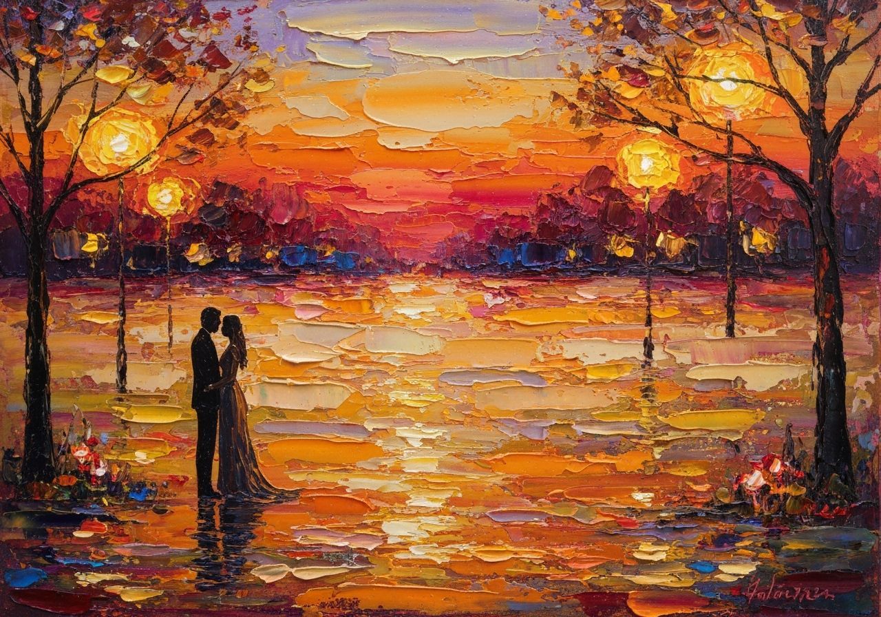 Vivid layered evening scene with impasto brushwork, rivulets of paint merging in a blend of burnt orange, deep crimson, and golden ochre, as...