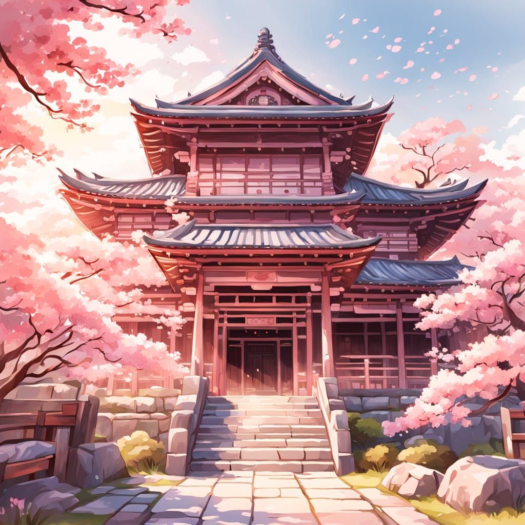 Japanese Temple in Vibrant Anime Watercolor Style