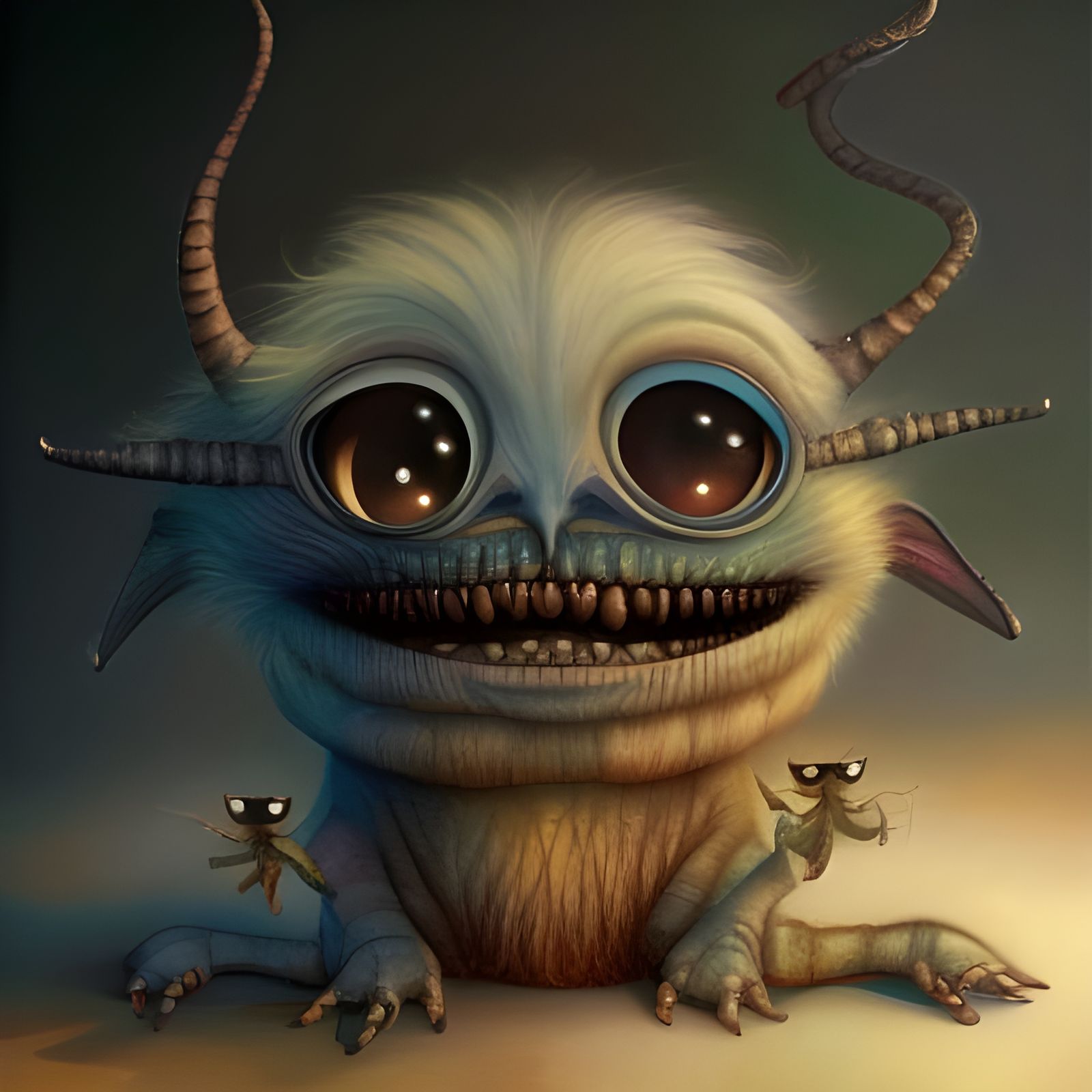 a cute little furry three eyed alien with an evil grin; whimsical fantasy art, 8k resolution Daniel Merriam ...  by @Copperscaledragon