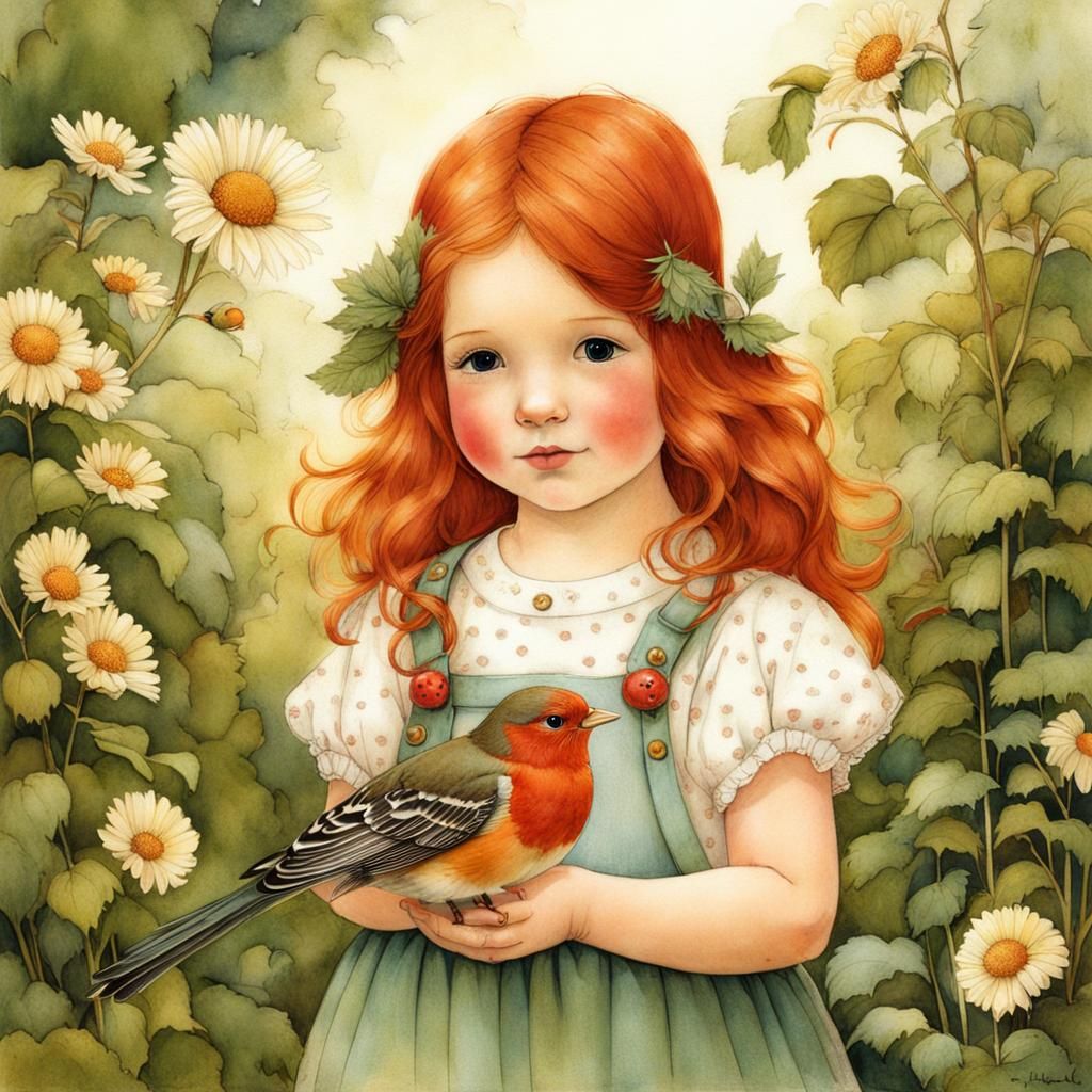 cute redhead freckled toddler girl holds a robin in her hand...