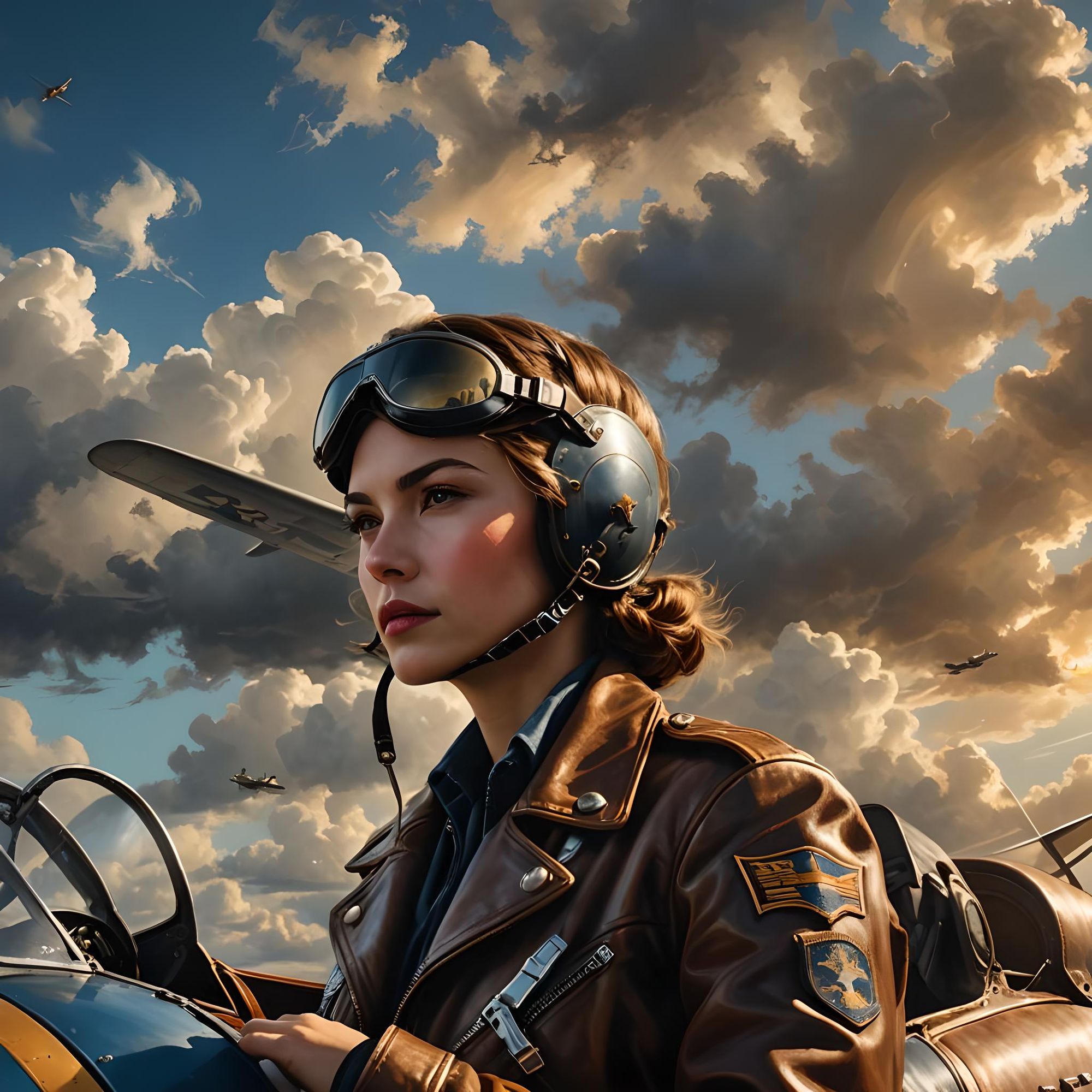 Show photorealism beautiful female ww2 pilot,warm gold look,8kuhd detailed matte painting, deep color, fantastical, intricate detail, splash...