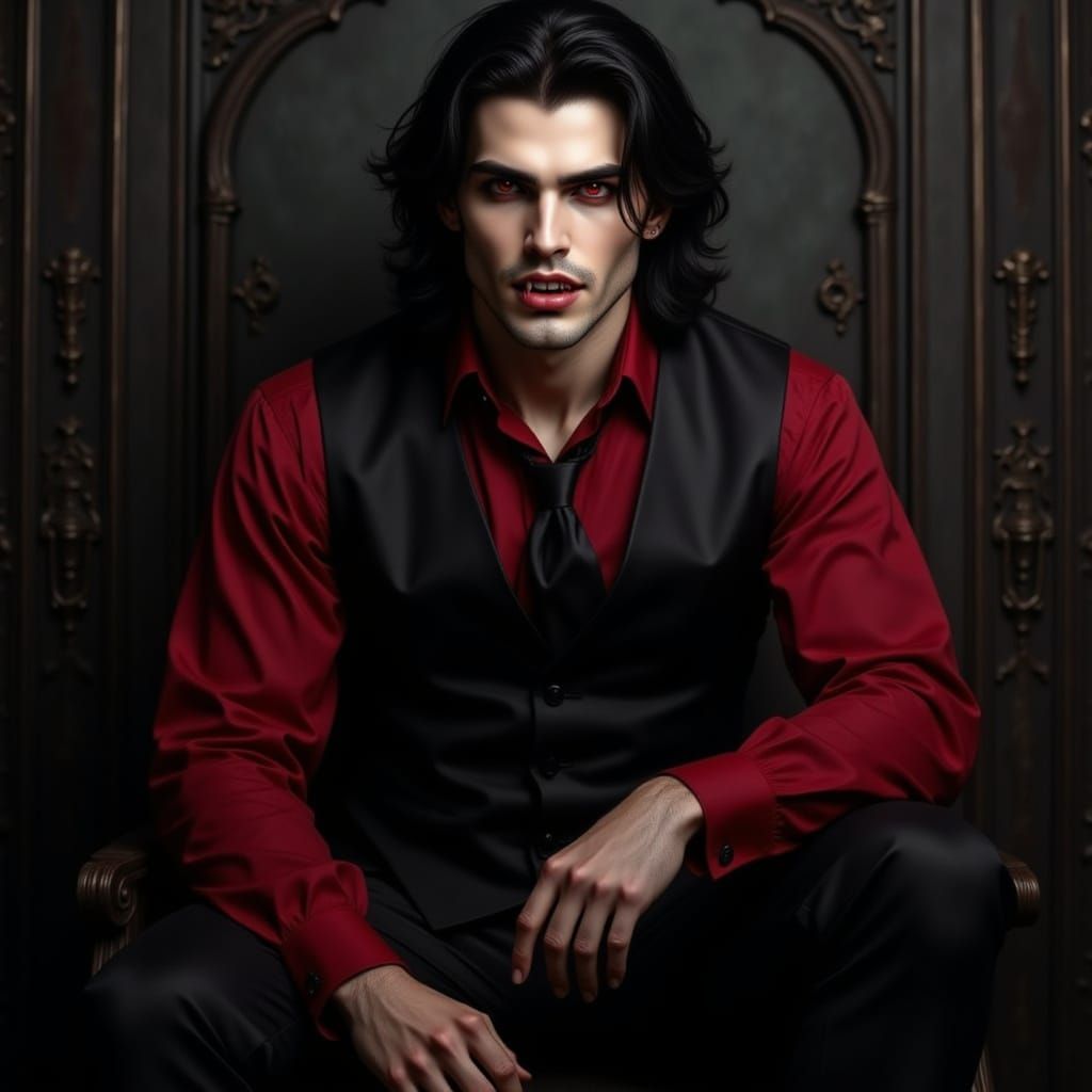 <lora:Elite Vampires:1.0> a black haired vampire man with fangs wears a red shirt, black vest and pants. In the style of <vampire with fangs...