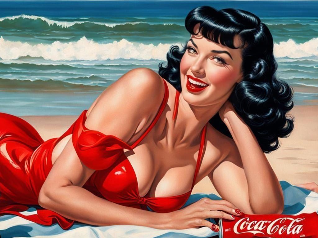 Betty Page pinup model look-alike posing for a calendar 