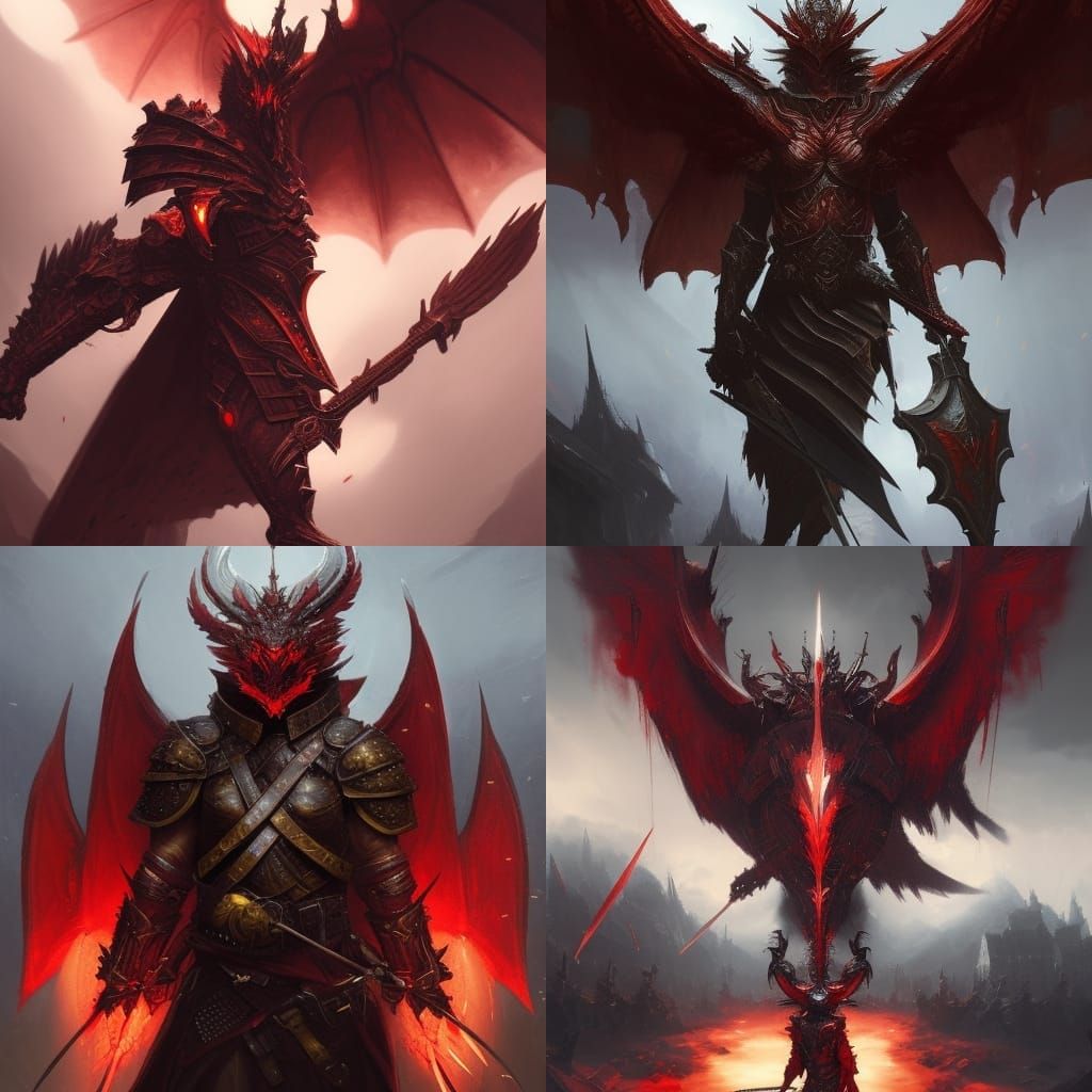 warrior, red armour, dragon wings, holding a shield