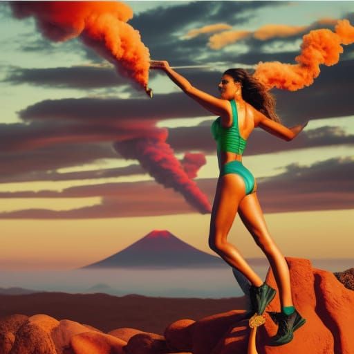 create a sports illustrated model standing by a volcano, cov...