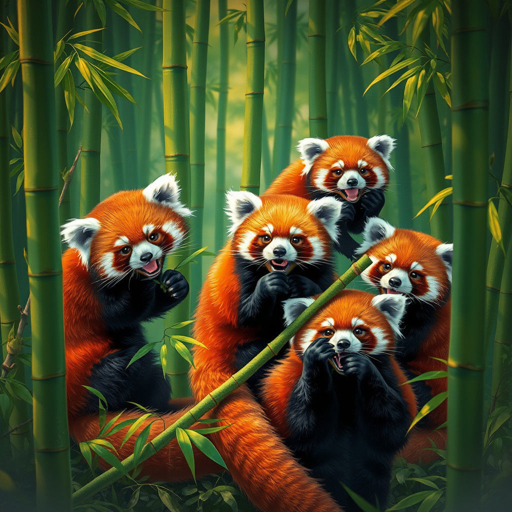 Red panda eats bamboo sticks, happy, group of them in the ba...