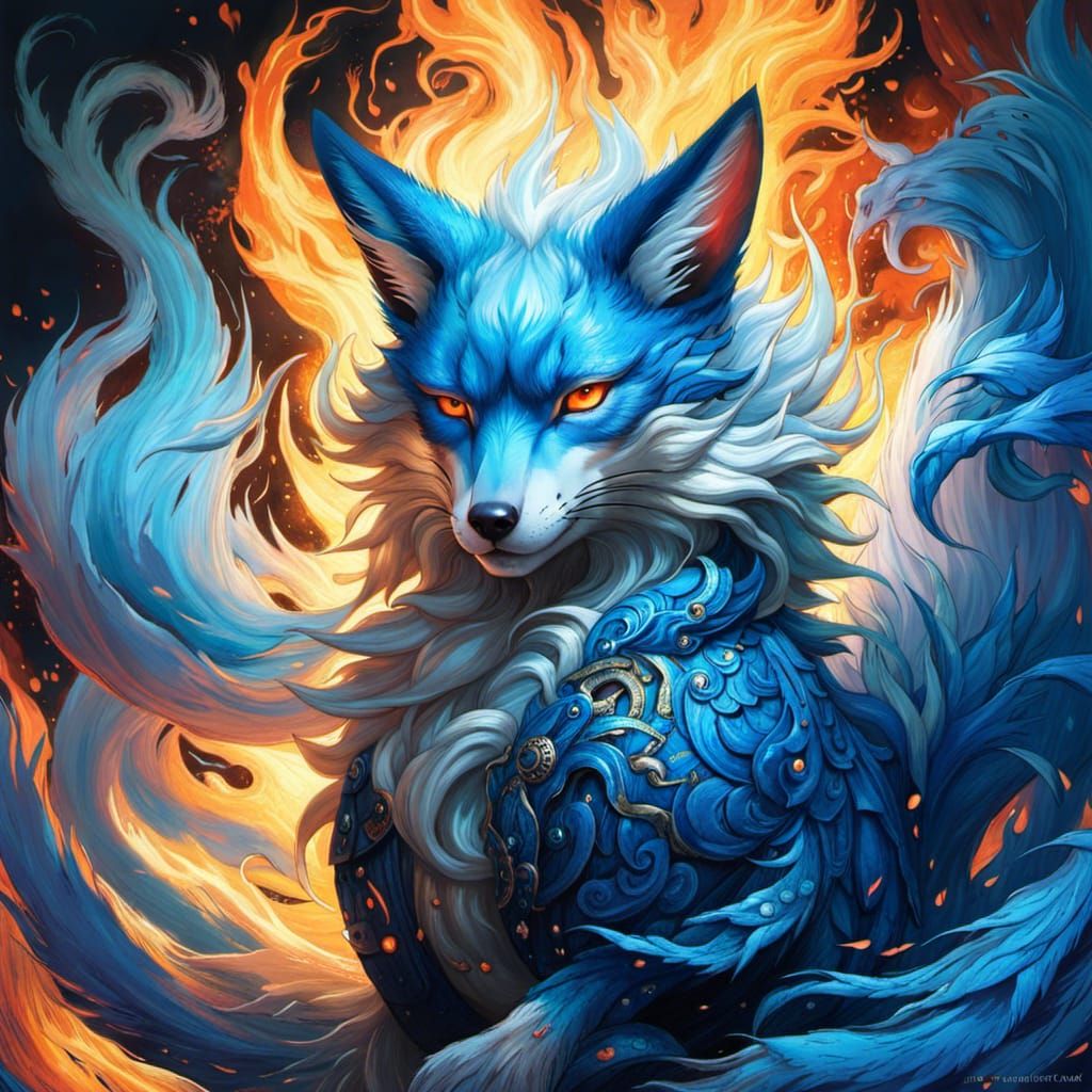 Beautiful Blue Kitsune - AI Generated Artwork - NightCafe Creator