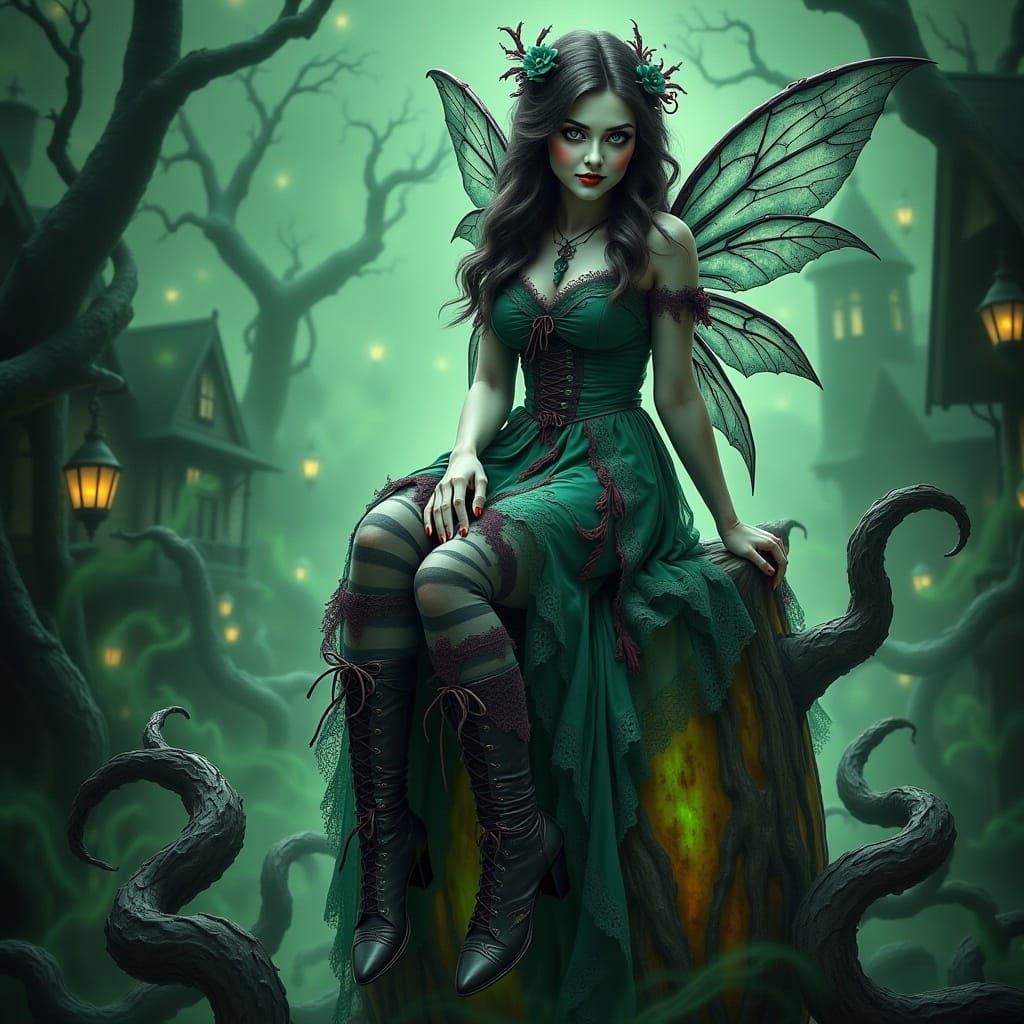 Victorian gothic punky pixie/ long flowing, mismatched silk and lace gown sitting on a magical stump in the haunted forest <lora:Halloween F...