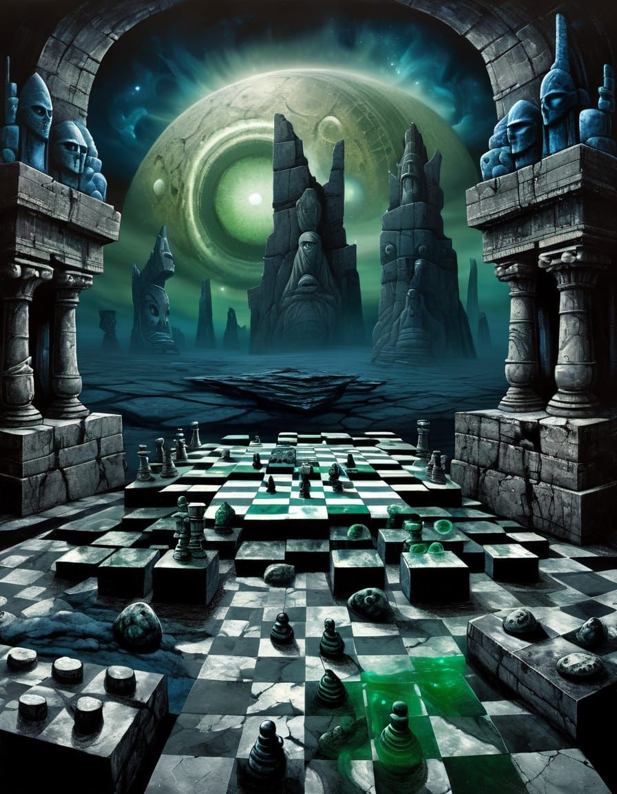 epic album cover, progressive art rock, A desolate, cracked chessboard floats precariously over an infinite, starless abyss. One side has in...