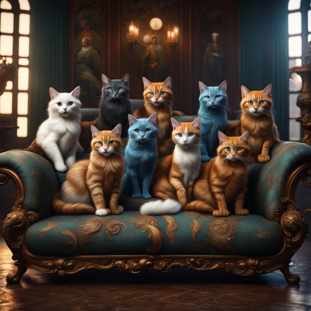 many different cats on a Biedermaier sofa