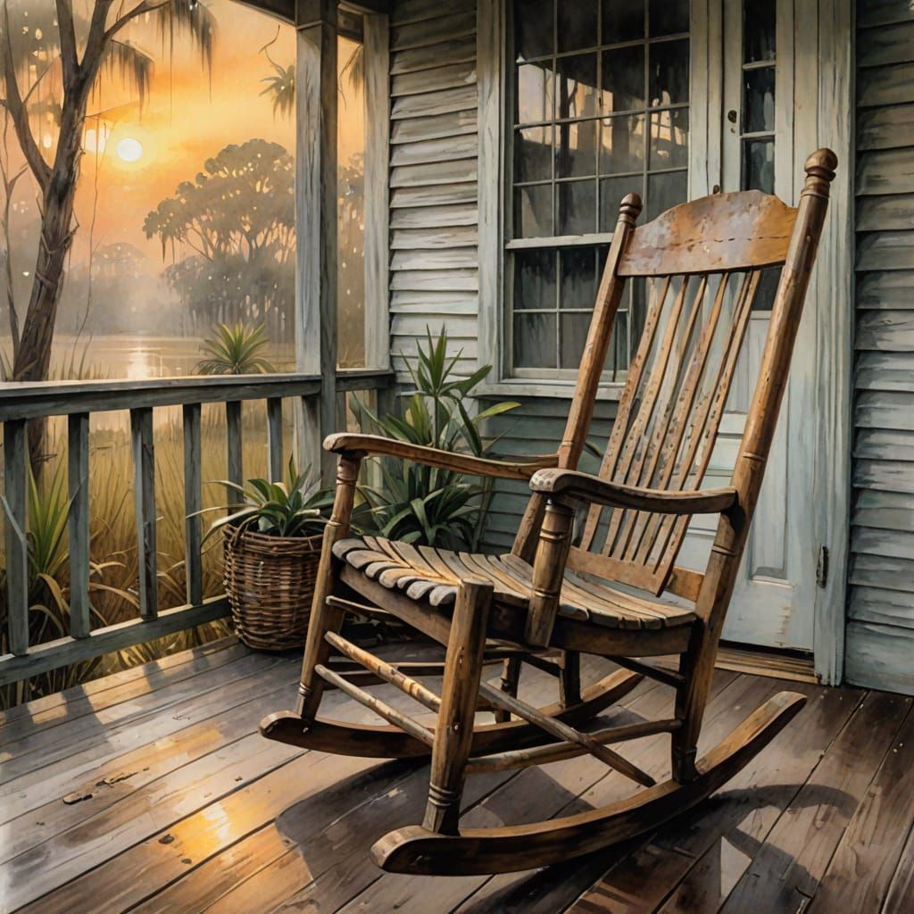 a watercolor painting of a rocking chair on a front porch of a rickety old, unpainted house deep in the ...  by @ArchieWahwah