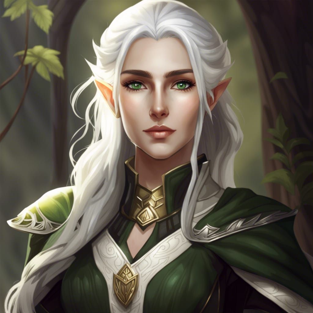 mid 20s female high-elf with white hair and green eyes, looking ...