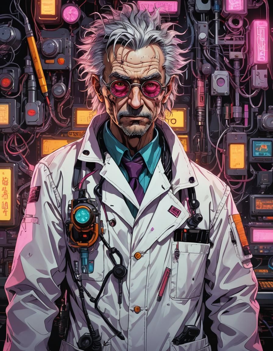 (intricately detailed anime portrait of a mad scientist:1,5) synthwave ...