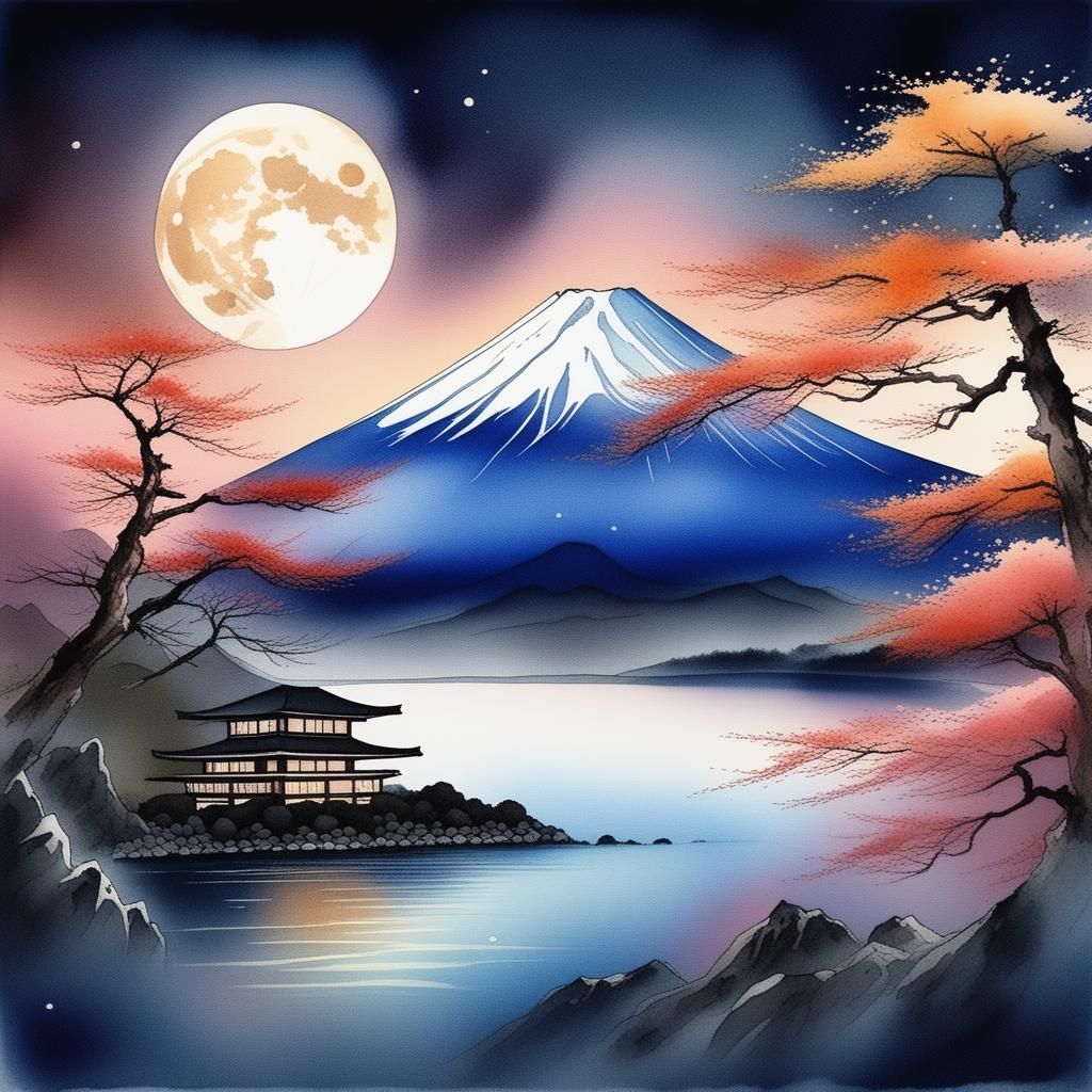mount Fuji at night with full moon