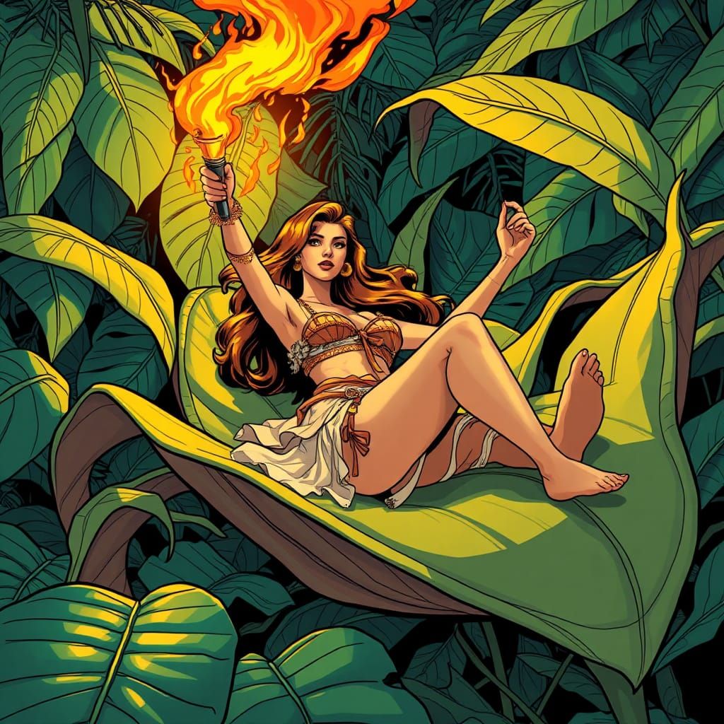 a woman lying on large leaf
