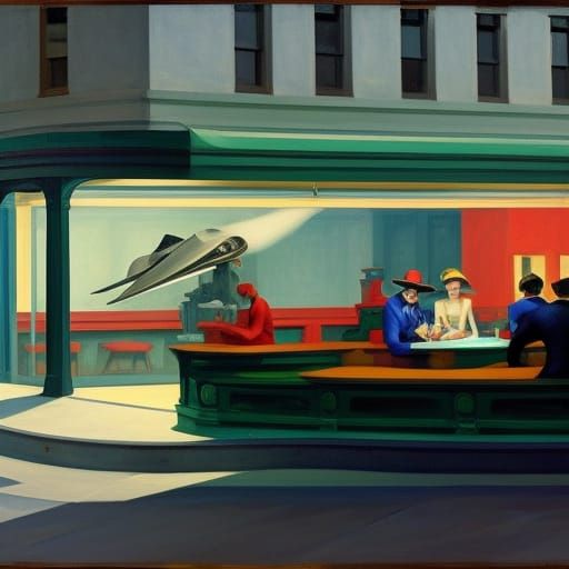 The famous Nighthawks painting by Edward Hopper done in a super