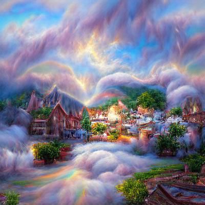 Village in the rainbow and white clouds 8k lighting 3d 8k re...
