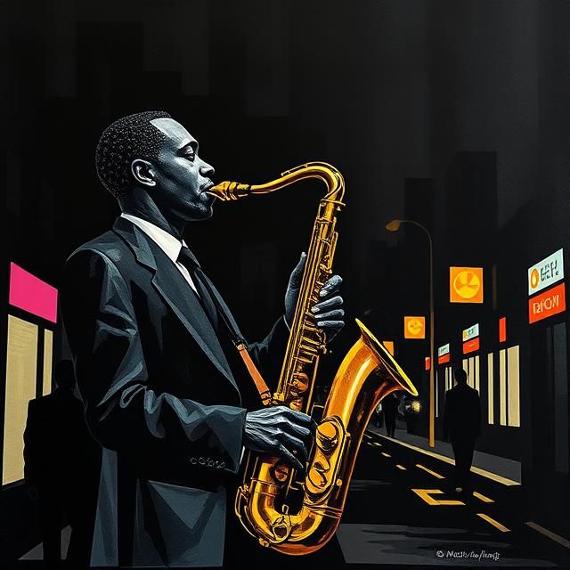 A BLACK MAN PLAYS THE  SAXOPHONE ON A STREET CONSTRUCTED FRO...