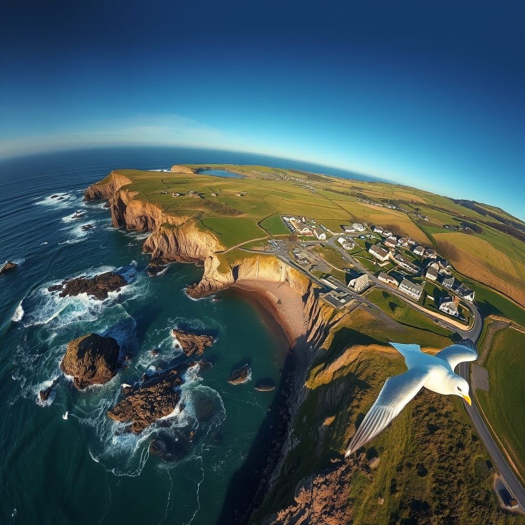 Bird’s-eye view over the rugged coastline of Brittany, France. Crashing waves against dramatic cliffs, ...  by @CB
