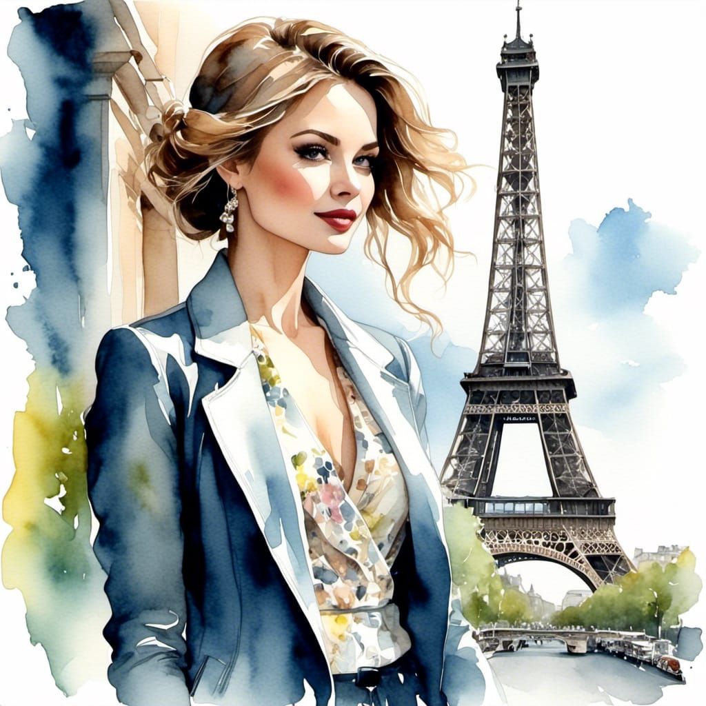 Watercolor vignette of beautiful lady in Paris, in style of <lora:Watercolor Visions:1.0> 