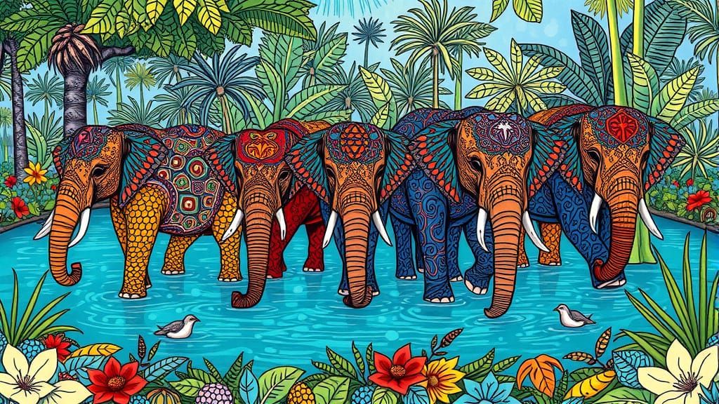 a brightly colored Zentangle image of a herd of Zentangle elephants bathing in a Zentangle watering hole in a Zentangle Periyar National Par...