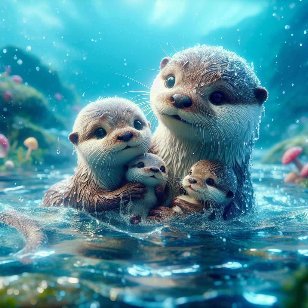 Family of otters in the rain series