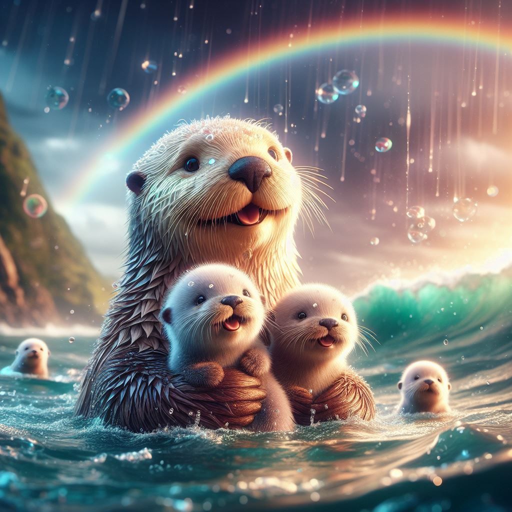Family of otters in the rain