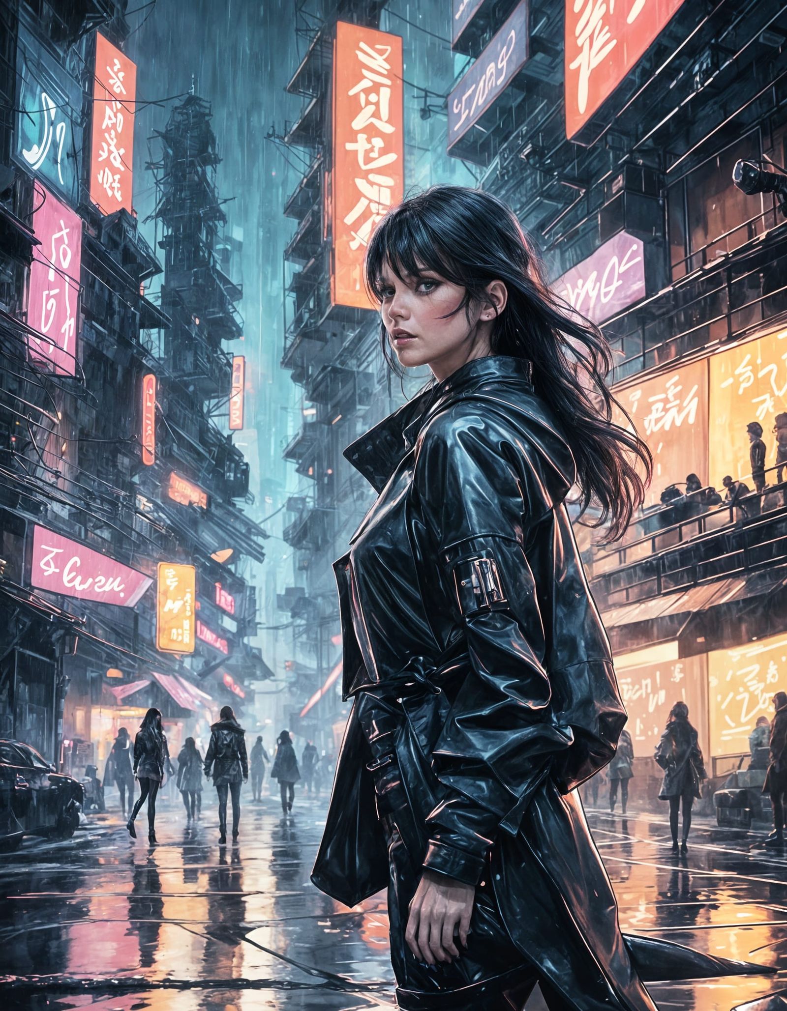 Regal Woman in Neon-Lit Rainy City
