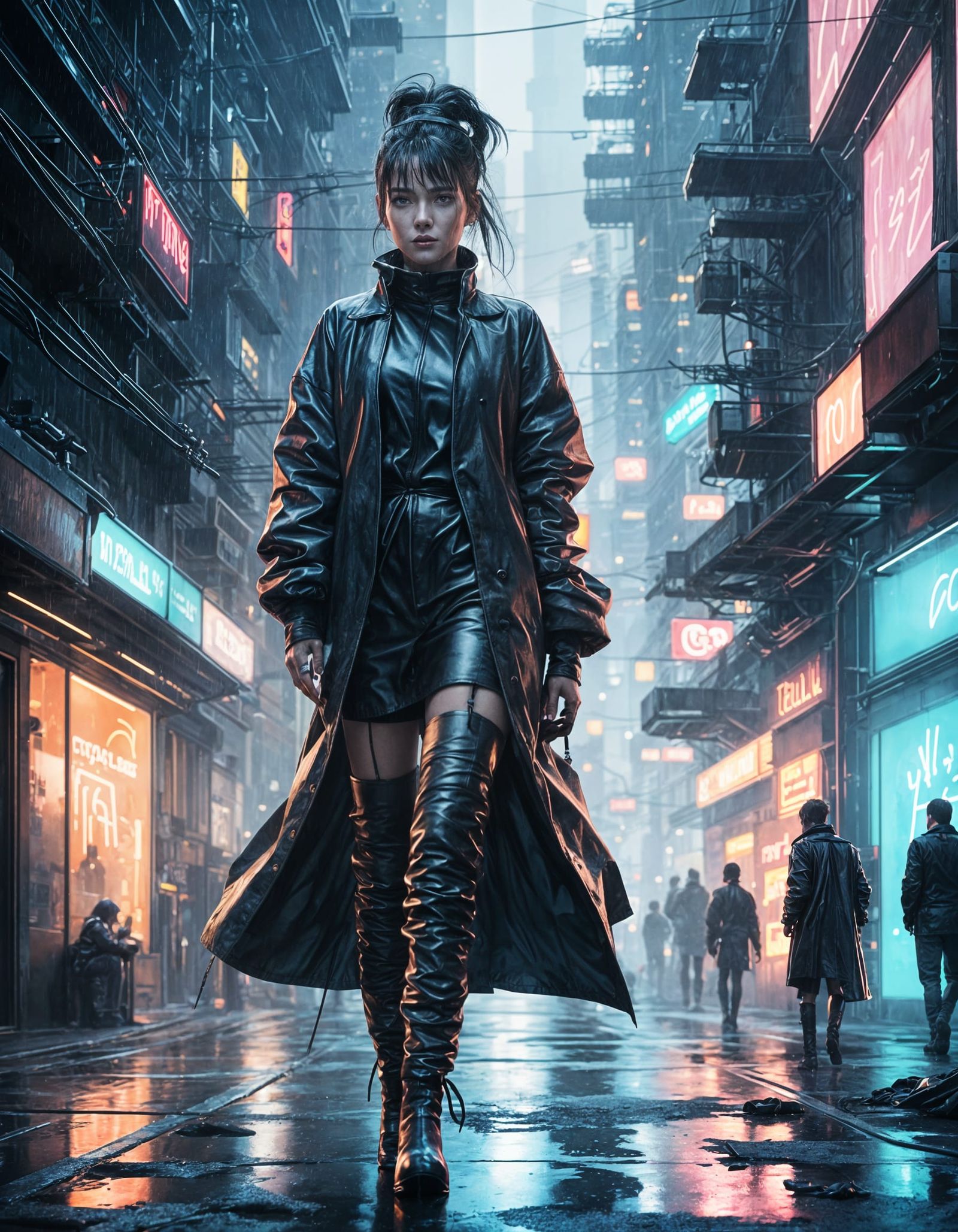 Regal Woman in Neon-Lit Rainy City Streets