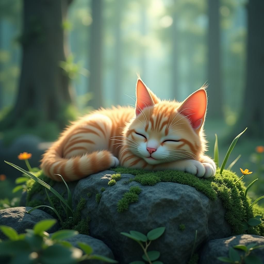 Serene Anime Cat Resting on Mossy Stone