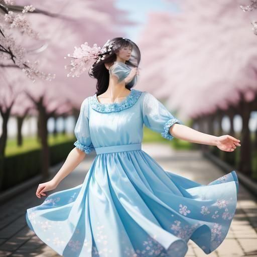 a lady in a light blue dress dancing with cherry blossom  fl...