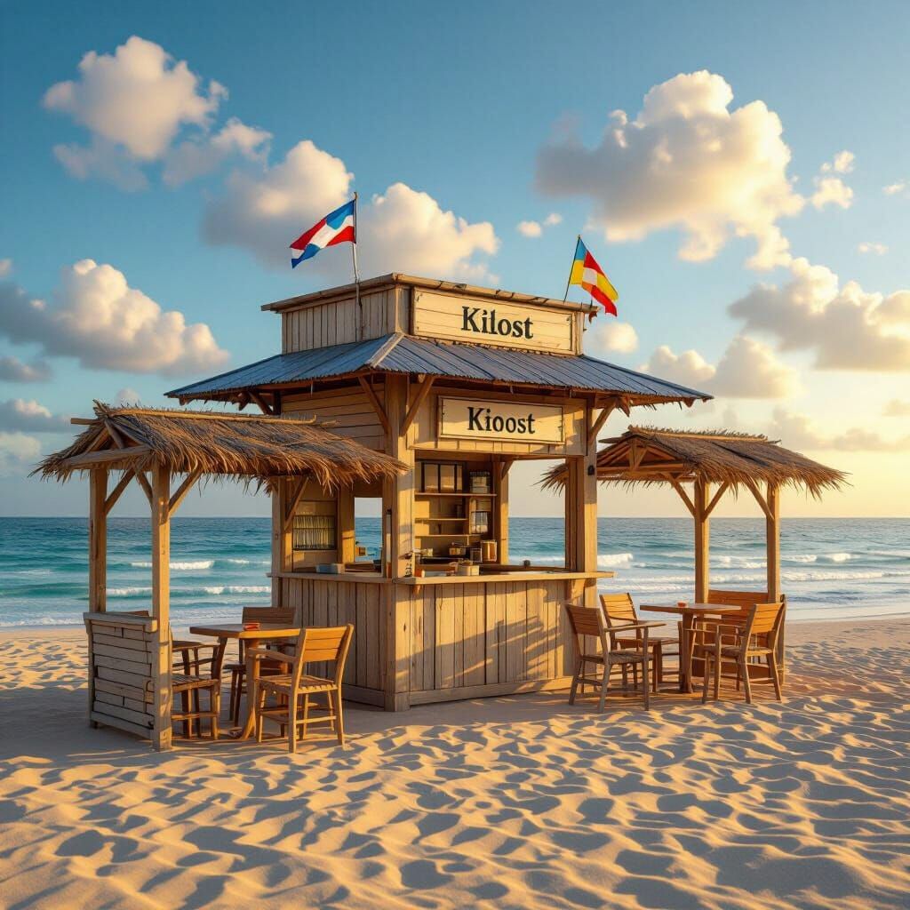 Realistic Beach Kiosk with Wooden Sheds at Sunrise