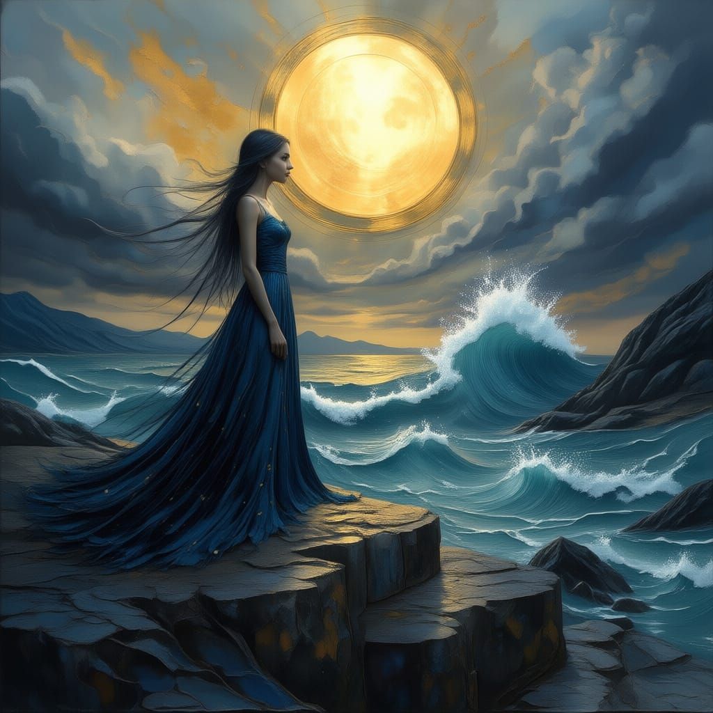 Gothic Woman on Rocky Shore in Dramatic Turner-Inspired Impa...