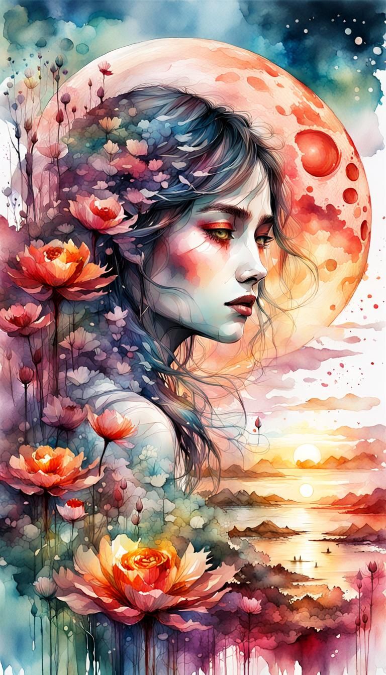 bloodmoon Digital watercolor Illustration of a summerscape s...