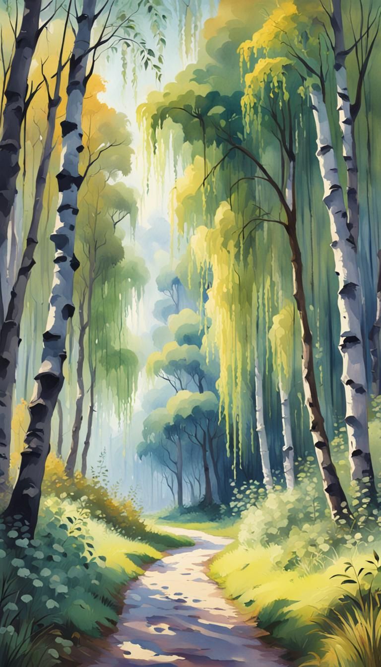 Forest Path with Weeping Willows, Watercolor Painting